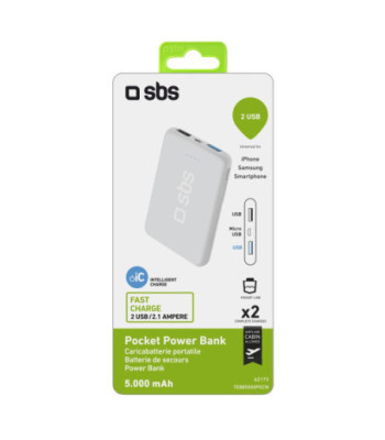 SBS hurtigtopladende powerbank. 5000 mAh. Hvid