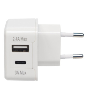 Sinox iMedia 230V dobbelt USB oplader. USB A 2,4A + USB C 3,0A. Hvid