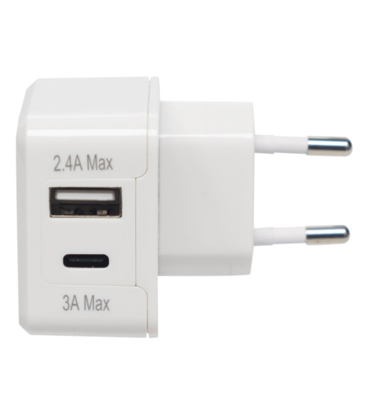 Sinox iMedia 230V dobbelt USB oplader. USB A 2,4A + USB C 3,0A. Hvid