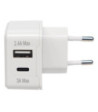 Sinox iMedia 230V dobbelt USB oplader. USB A 2,4A + USB C 3,0A. Hvid
