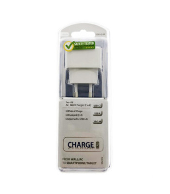 Sinox iMedia 230V dobbelt USB oplader. USB A 2,4A + USB C 3,0A. Hvid