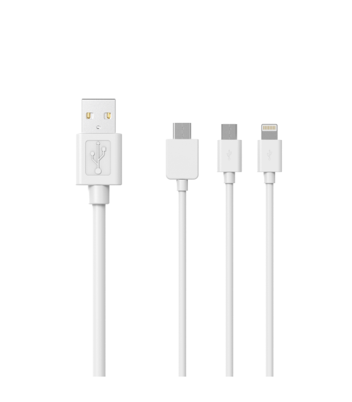 Sinox 3-i-1 kabel med Lightning, USB C og Micro USB. 1m. Hvid