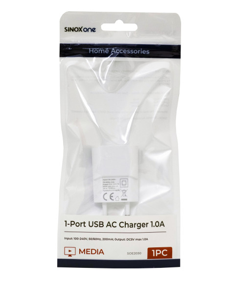 Sinox One 230V USB A oplader. 1,0A. Hvid