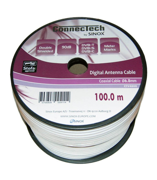Sinox One antennekabel. 100m. Hvid. YouSee & Stofa godkendt Sinox One antennekabel. 100m. Hvid. YouSee & Stofa godkendt