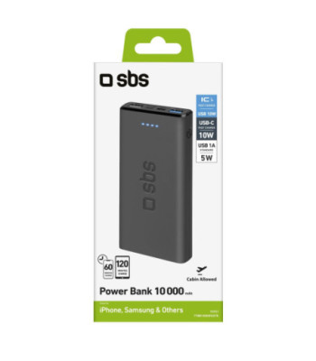 SBS hurtigtopladende powerbank. 10,000 mAh. Sort