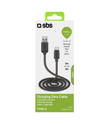 SBS data- og opladningskabel USB 2.0 - USB C. 3m. Sort