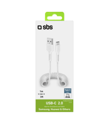SBS data- og opladning spiralkabel USB 2.0 - USB C. 17-100cm. Hvid
