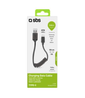 SBS data- og opladning spiralkabel USB 2.0 - USB C. 17-50cm. Sort
