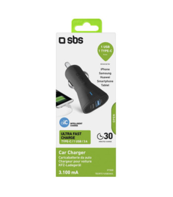 SBS 15W biloplader. 2.1A + 3A. Sort