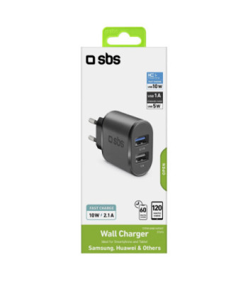 SBS 2100 mAh oplader. 2.1A + 1A. Sort