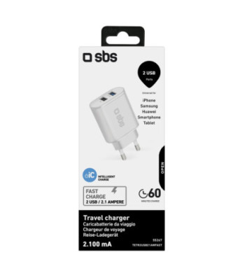 SBS 2100 mAh oplader. 2.1A + 1A. Hvid