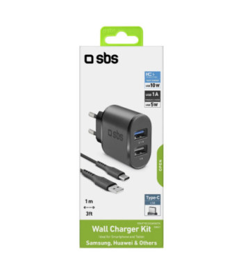 SBS 2100 mAh oplader. 1m USB - USB C kabel. Sort