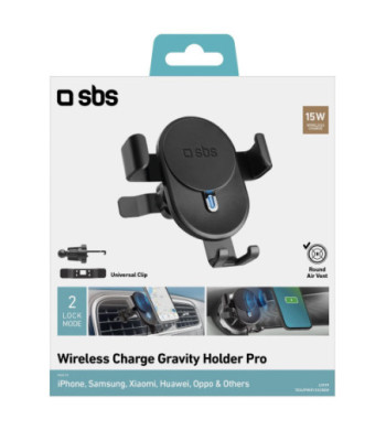 SBS Pro mobilholder til bilen med trådløs opladning. 15W