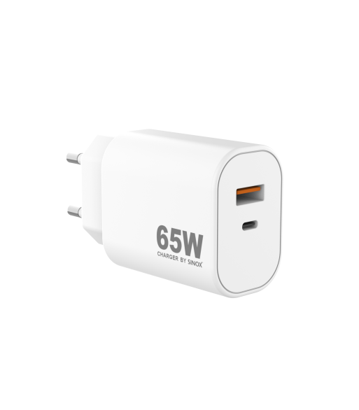 Sinox PRO 230V USB-A+USB-C PD oplader 65W. Hvid