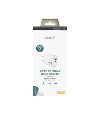 Sinox PRO 230V USB-A+USB-C PD oplader 65W. Hvid