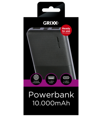 Grixx Powerbank 10.000mAh. Sort