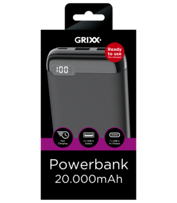 Grixx Powerbank 20.000mAh. Sort