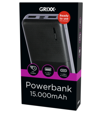 Grixx Powerbank 15.000mAh. Sort