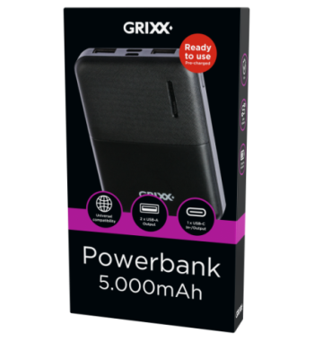 Grixx Powerbank 5.000mAh. Sort
