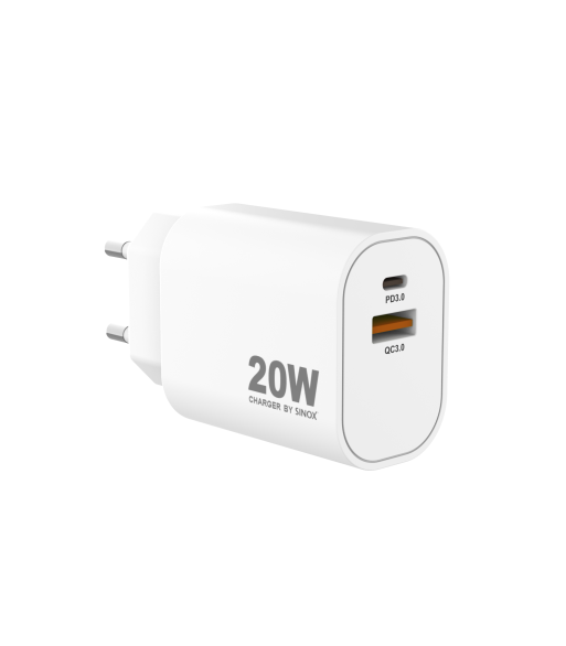Sinox PRO 230V USB-A+USB-C oplader 20W. Hvid Sinox PRO 230V USB-A+USB-C oplader 20W. Hvid