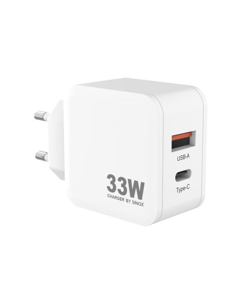 Sinox PRO 230V USB-A+USB-C PD oplader 33W. Hvid Sinox PRO 230V USB-A+USB-C PD oplader 33W. Hvid