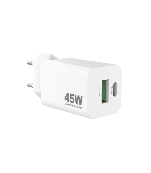 Sinox PRO 230V USB-A+USB-C PD oplader 45W. Hvid