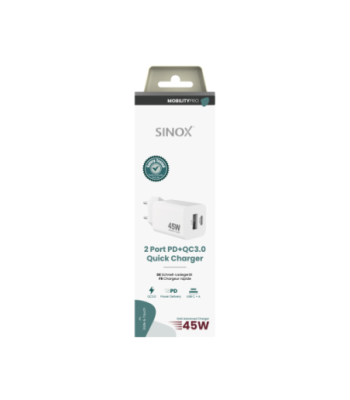 Sinox PRO 230V USB-A+USB-C PD oplader 45W. Hvid