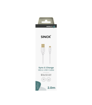 Sinox Micro USB kabel. 2m. Hvid