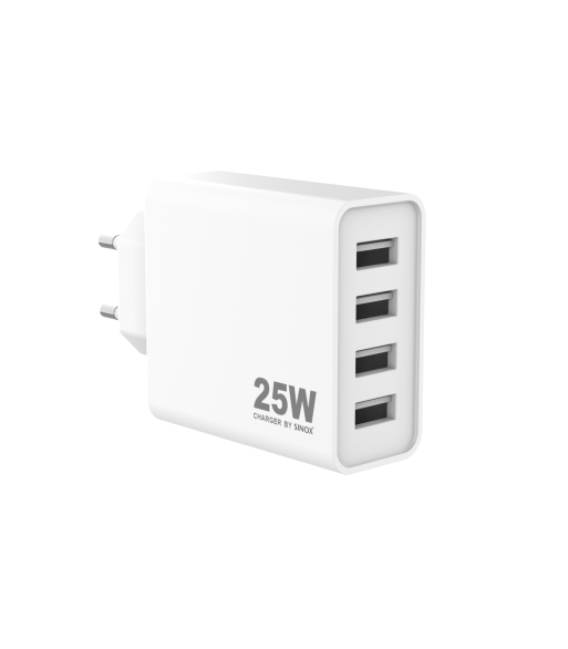 Sinox 230V 4xUSB-A oplader 25W. Hvid Sinox 230V 4xUSB-A oplader 25W. Hvid
