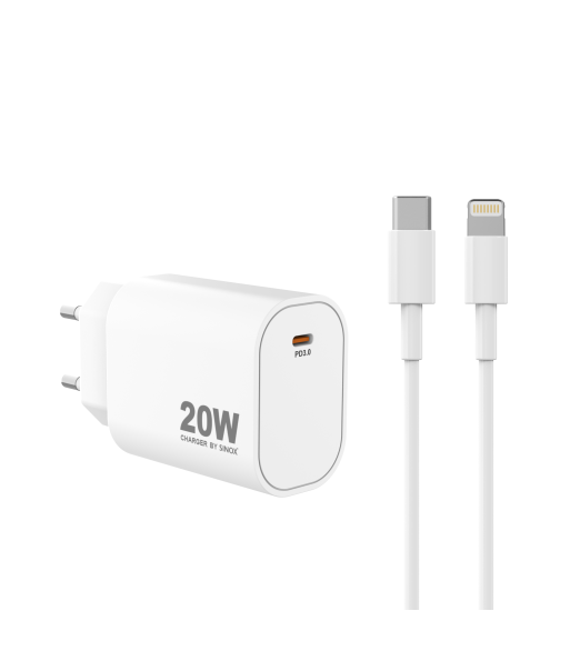 Sinox PRO 230V USB-C PD oplader 20W m/Lightning kabel. Hvid Sinox PRO 230V USB-C PD oplader 20W m/Lightning kabel. Hvid
