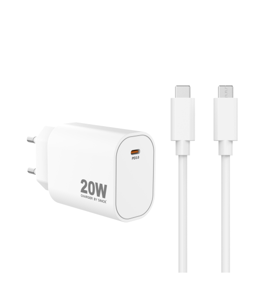 Sinox PRO 230V USB-C PD oplader 20W m/USB-C kabel. Hvid Sinox PRO 230V USB-C PD oplader 20W m/USB-C kabel. Hvid