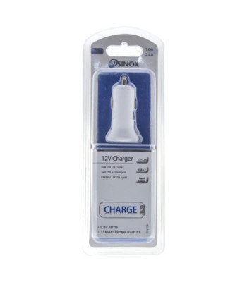 Sinox iMedia 12V dobbelt USB A biloplader. 1.0+2.1A. Hvid