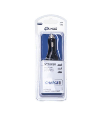 Sinox iMedia 12V dobbelt USB A biloplader. 1.0+2.1A. Sort