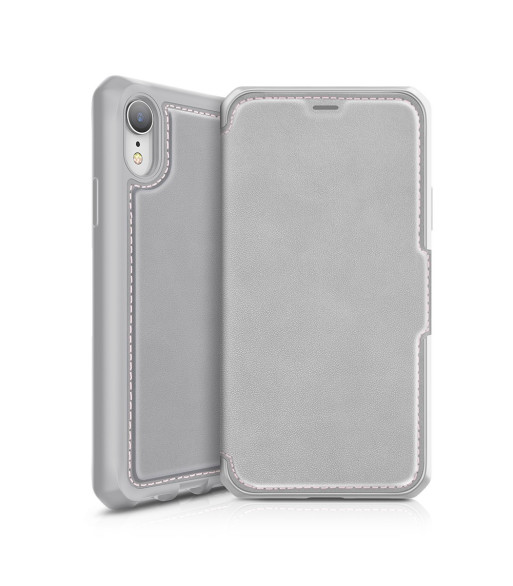 ITSKINS HYBRID FOLIO cover til iPhone XR®. Grå og lyserød med genanvendt læder ITSKINS HYBRID FOLIO cover til iPhone XR®. Grå og lyserød med genanvendt læder