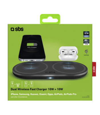 SBS dobbelt trådløs 10W+10W Qi opladerplade. Sort