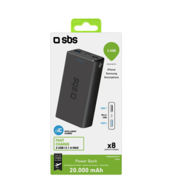 SBS hurtigtopladende powerbank. 20,000 mAh. Sort