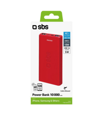 SBS hurtigtopladende powerbank. 10,000 mAh. Rød