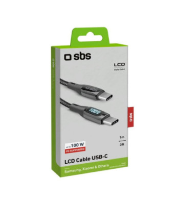 SBS USB-C til USB-C data- og opladninskabel med LCD display. Sort
