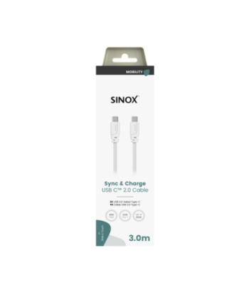 Sinox USB C 2.0 kabel. 3m. Hvid