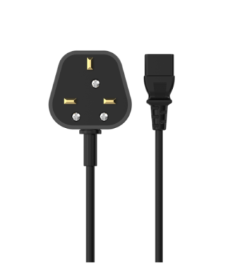 Sinox 3-pin strømkabel med UK stik. 1,8m. Sort