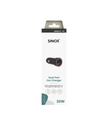 Sinox 12V dobbelt USB biloplader. USB A 18W + USB C 20W. Sort