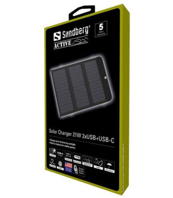 Sandberg Solar Charger 21W 2xUSB+USB-C - Solcelle oplader