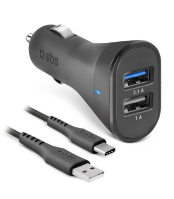 SBS USB C biloplader kit. 1A + 2.1A. 1m. Sort