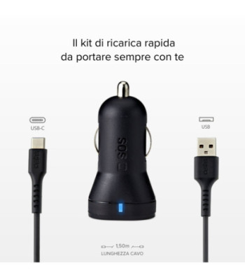 SBS USB C biloplader kit. 1A + 2.1A. 1m. Sort