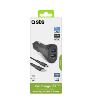 SBS USB C biloplader kit. 1A + 2.1A. 1m. Sort